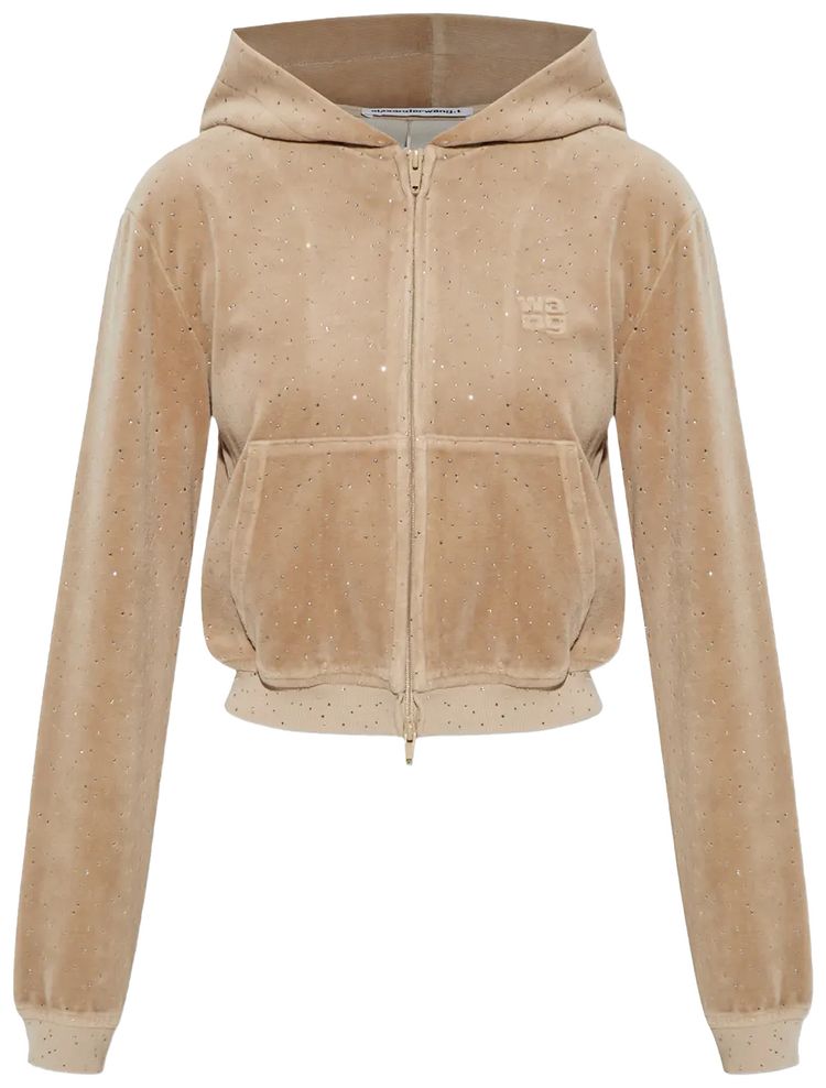 Alexander Wang Allover Hotfix Shrunken Zip Up Hoodie Warm Taupe