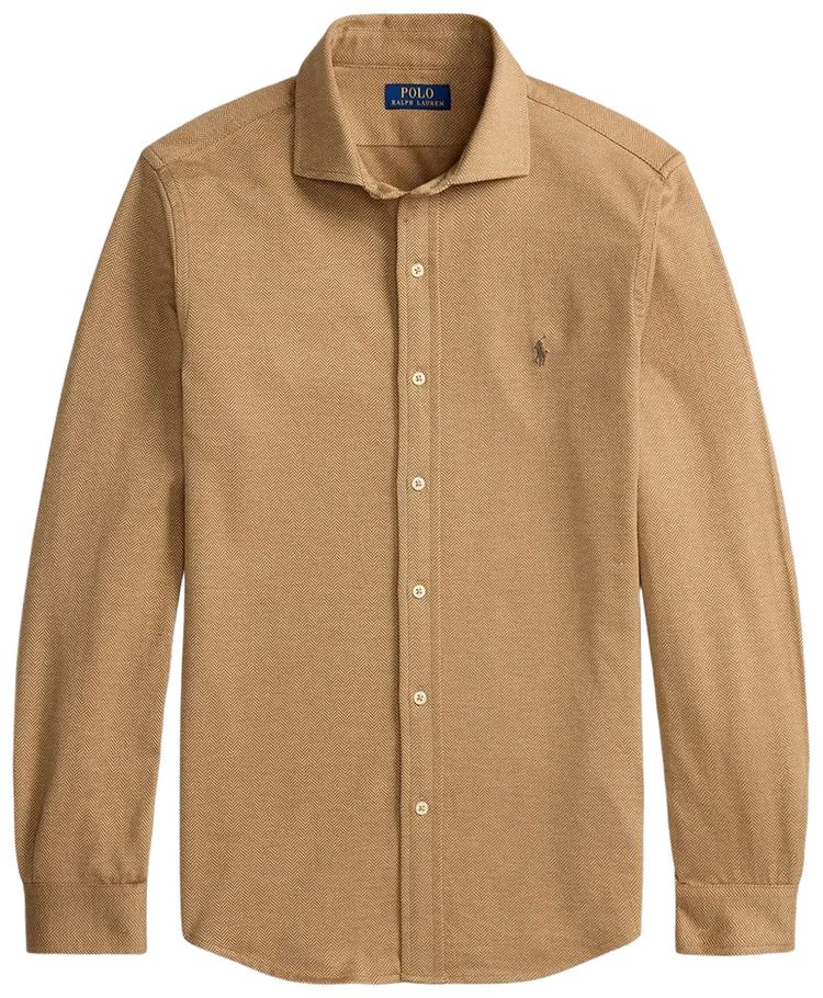 Polo Ralph Lauren Jersey Knit Jacquard Pattern Sport Shirt Classic CamelHeather Herringbone