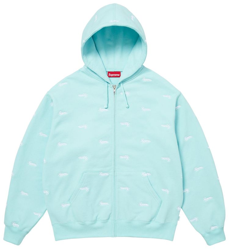 Supreme Repeat Script Zip Up Hooded Sweatshirt Aqua