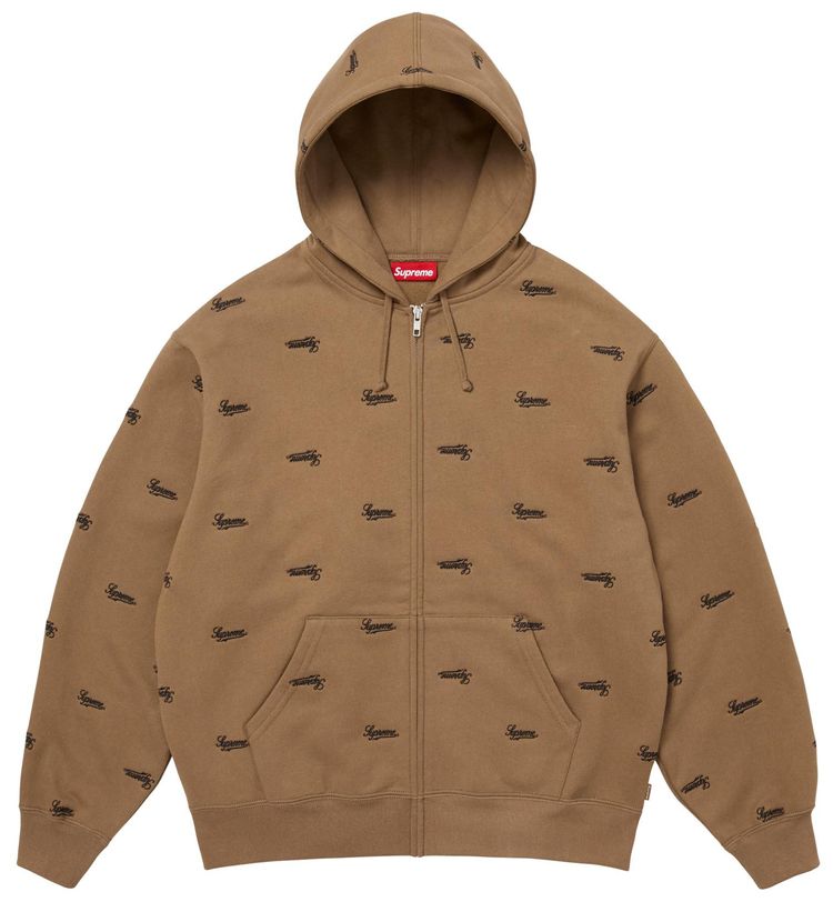 Supreme Repeat Script Zip Up Hooded Sweatshirt Dark Khaki