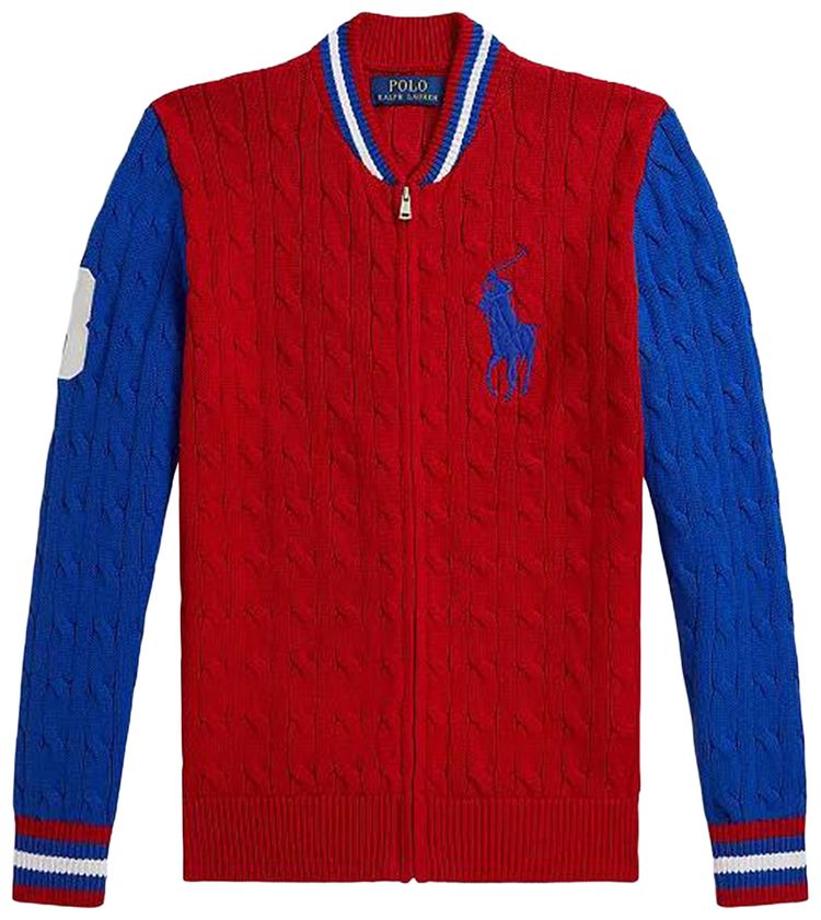 Polo Ralph Lauren Cable Knit Full Zip Classic Baseball Sweater RedMulti