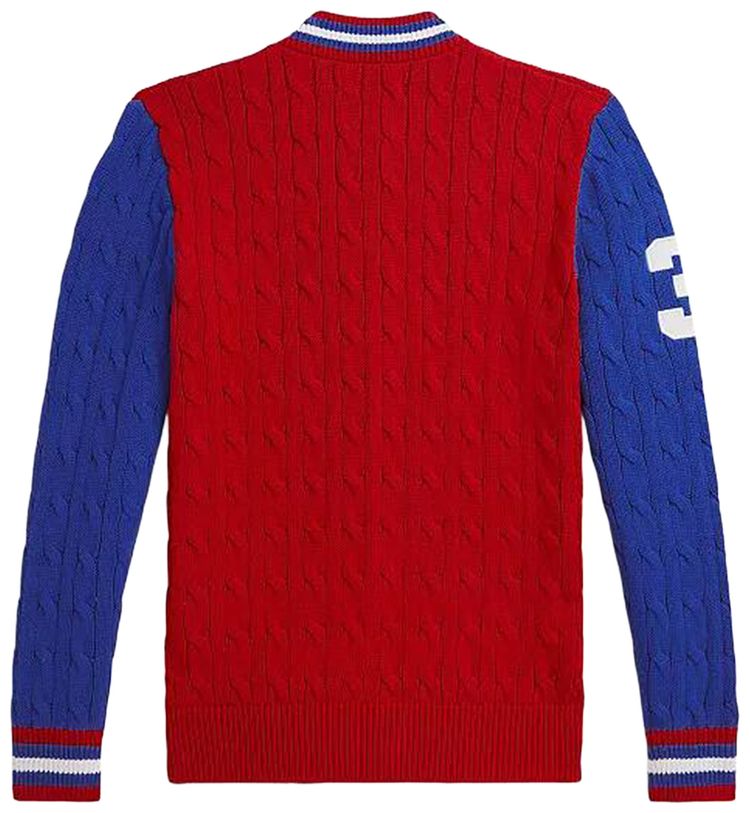 Polo Ralph Lauren Cable Knit Full Zip Classic Baseball Sweater RedMulti