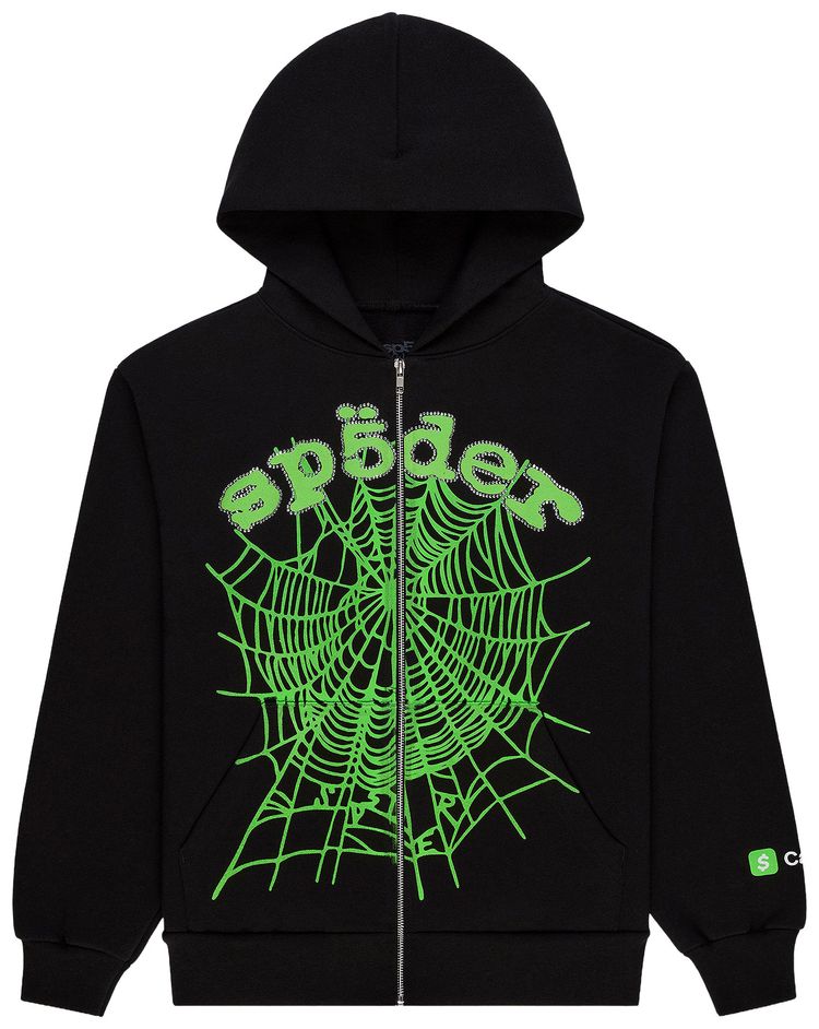 Sp5der CaH OG Web V2 Rhinestone Zip Hoodie Black