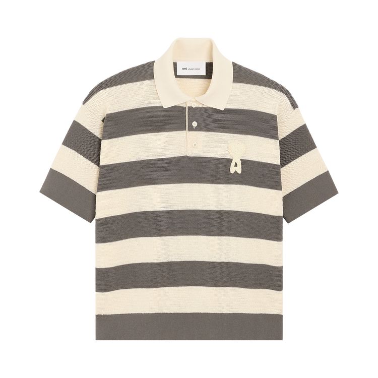 Ami Short Sleeves Polo With Ami De Coeur Patch Blanc CremeCarbone