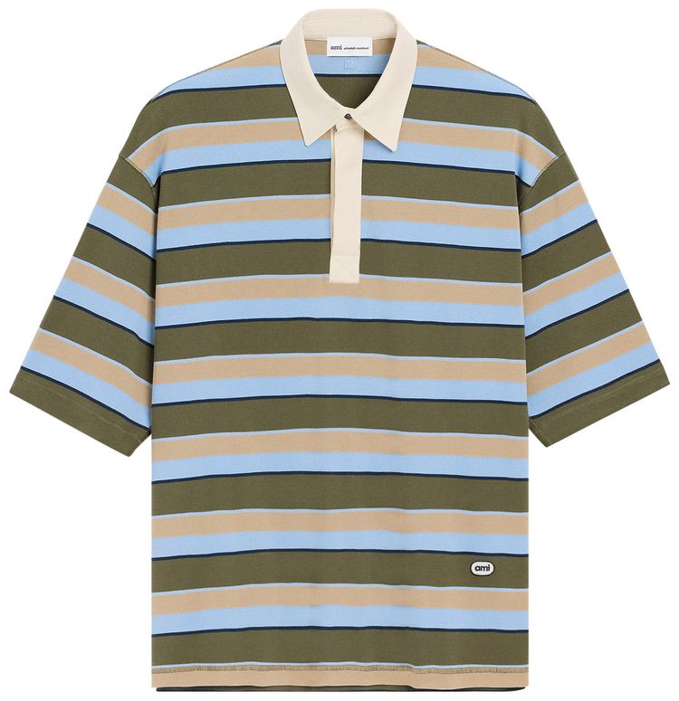 Ami Short Sleeves Oversize Fit Striped Polo With Oval Ami Patch BleucachKakiTaupeEncr