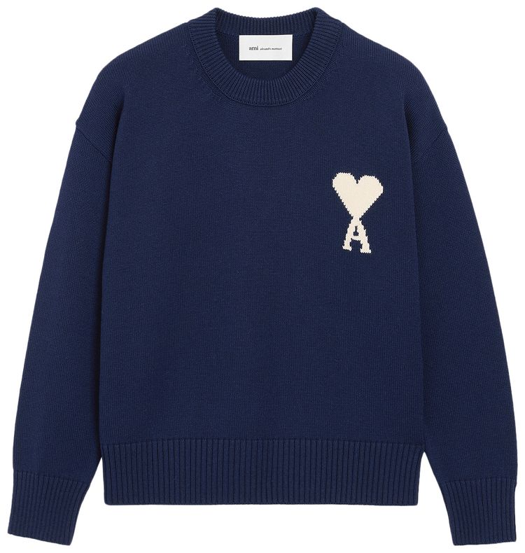 Ami Quota Crewneck Sweater With Contrasted Ami De Coeur EncreEcru