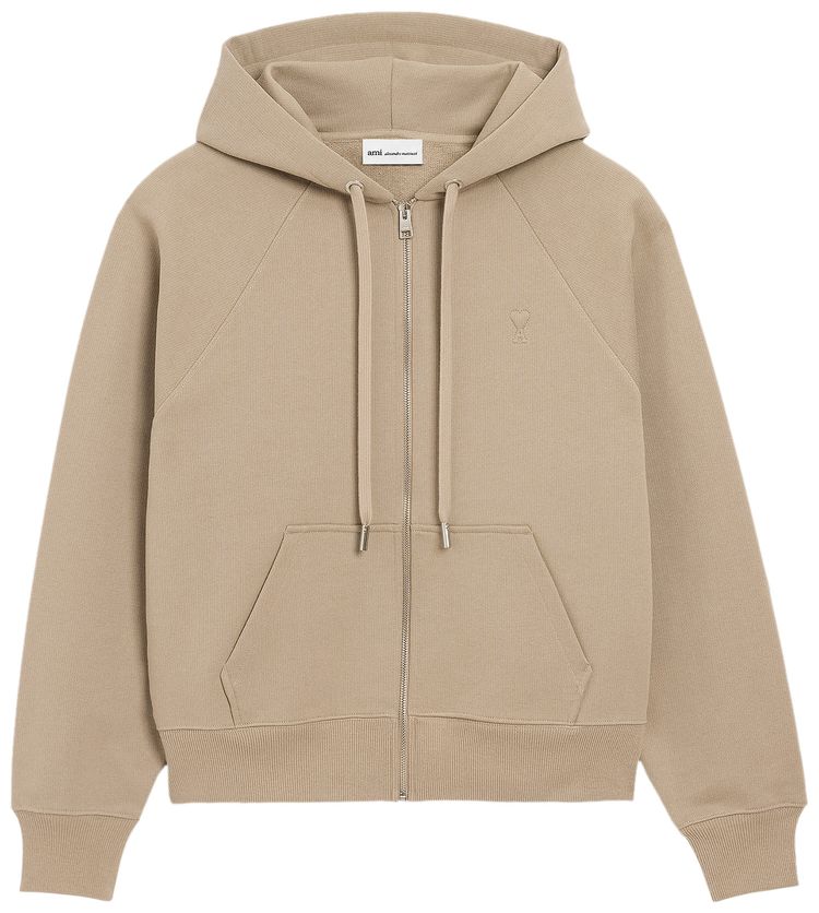 Ami Quota Small Embossed ADC Hoodie With Zip Beige Taupe