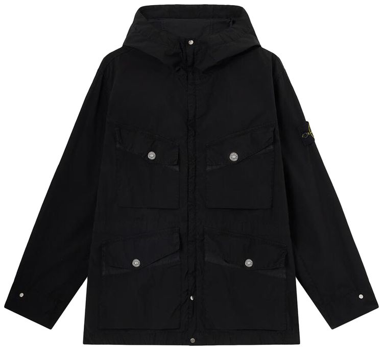 Stone Island Hooded Long Coat Compact Touch Poly TC Black