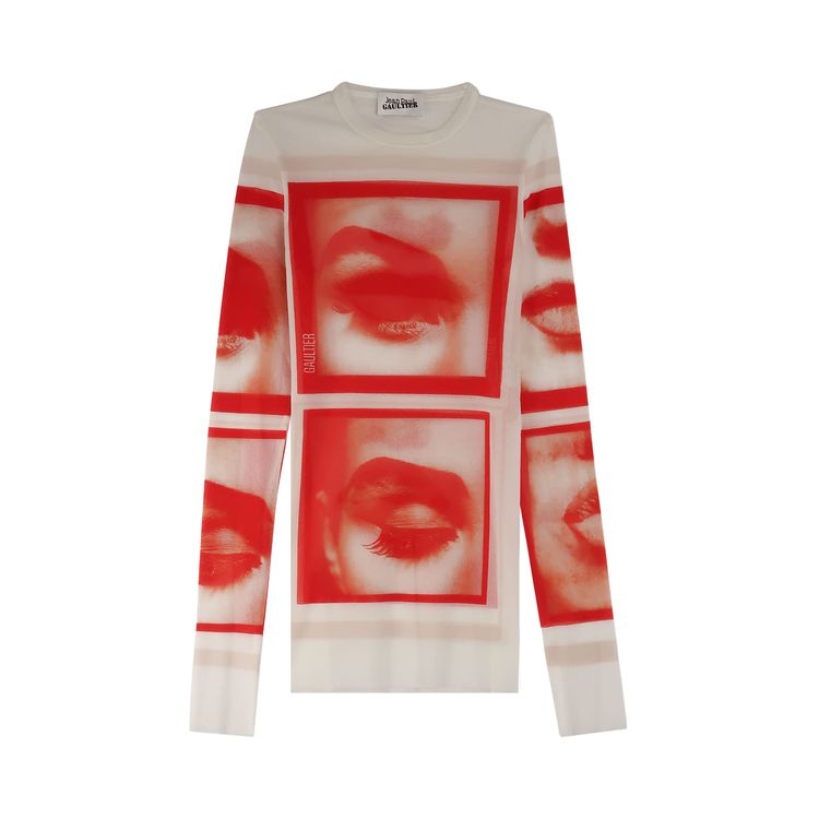 Jean Paul Gaultier Re Edition Mesh Longsleeve Top Printed Eyes And Lips WhiteRedLight Orange