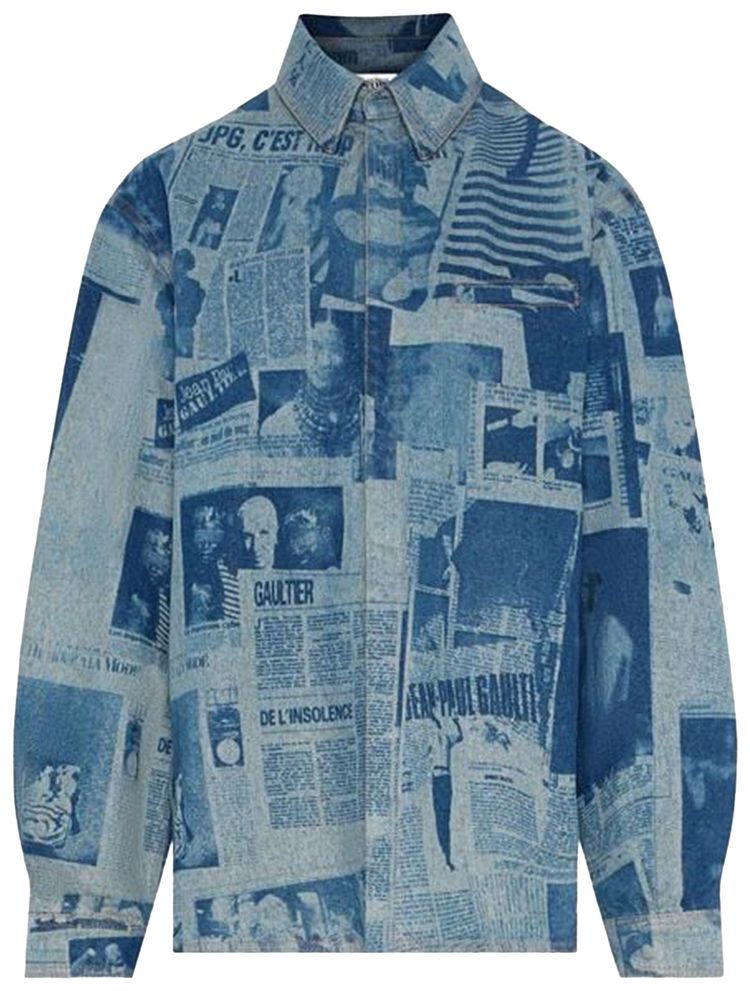 Jean Paul Gaultier Denim Shirt With Newspaper Print IndigoBeige