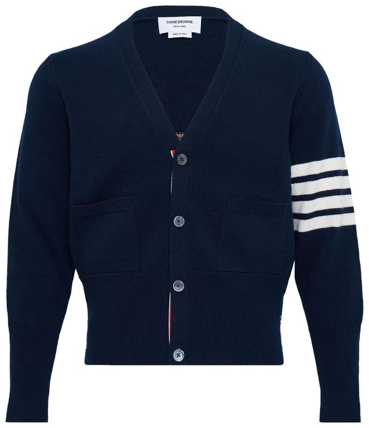Thom Browne Wool Classic Fit V Neck Cardigan Navy