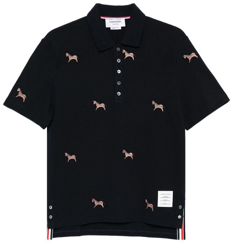 Thom Browne Horse Embroidery Short Sleeve Polo Shirt Navy
