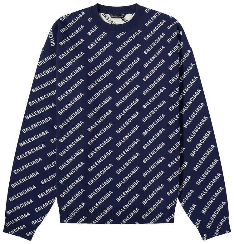 Balenciaga All Over Logo Crew Sweater Navy