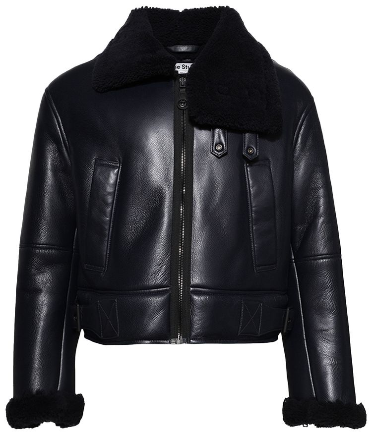 Acne Studios LeatherShearling Biker Jacket Navy Blue