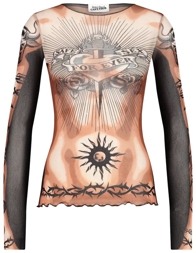 Jean Paul Gaultier Printed Safe Sex Tattoo Long Sleeve Crew Neck Top NudeBrownBlack