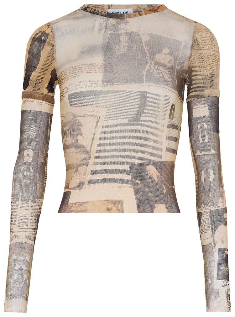 Jean Paul Gaultier Printed Journal Mesh Double Sleeve Tee EcruLight GreyRed