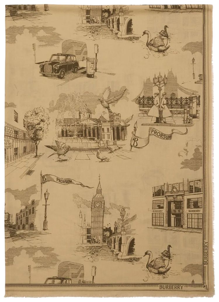 Burberry MU London Landmarks Wool Silk Scarf Sand