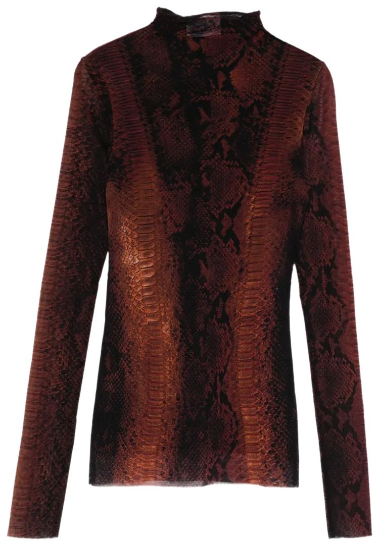 Jean Paul Gaultier Printed Python Mesh High Neck Long Sleeve Top BrownBlack