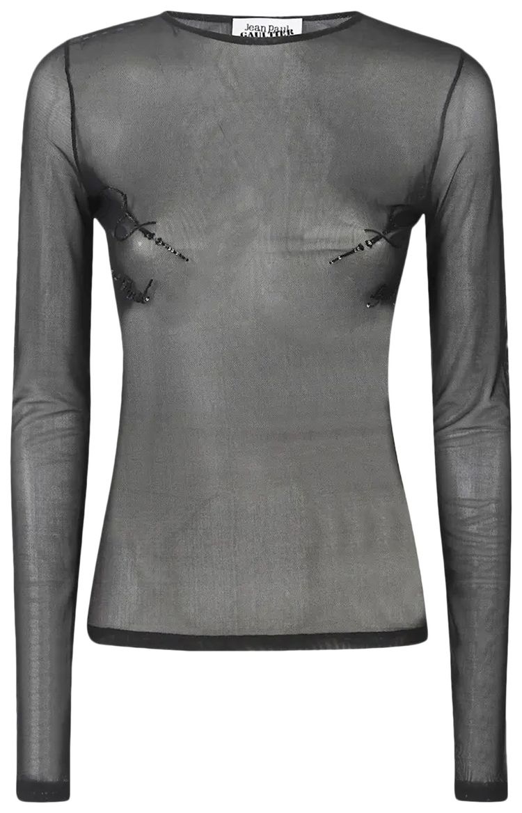Jean Paul Gaultier Embroidered Mesh Crewneck Long Sleeve Top Black