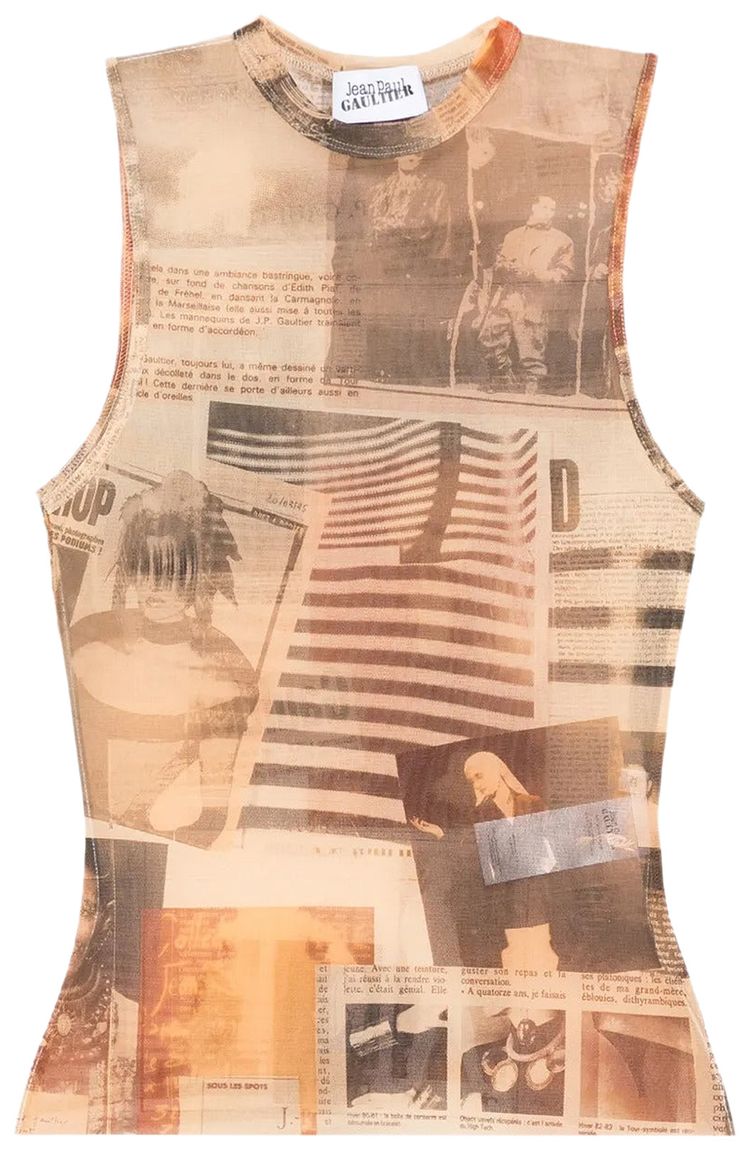Jean Paul Gaultier Printed Journal Mesh Tank Top EcruLight GreyRed