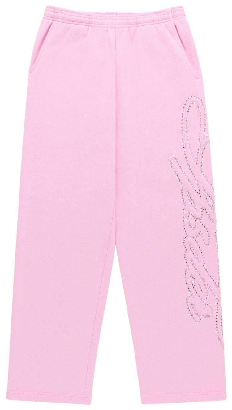 Sp5der Rhinestone Script Wide Leg Sweatpant Light Pink