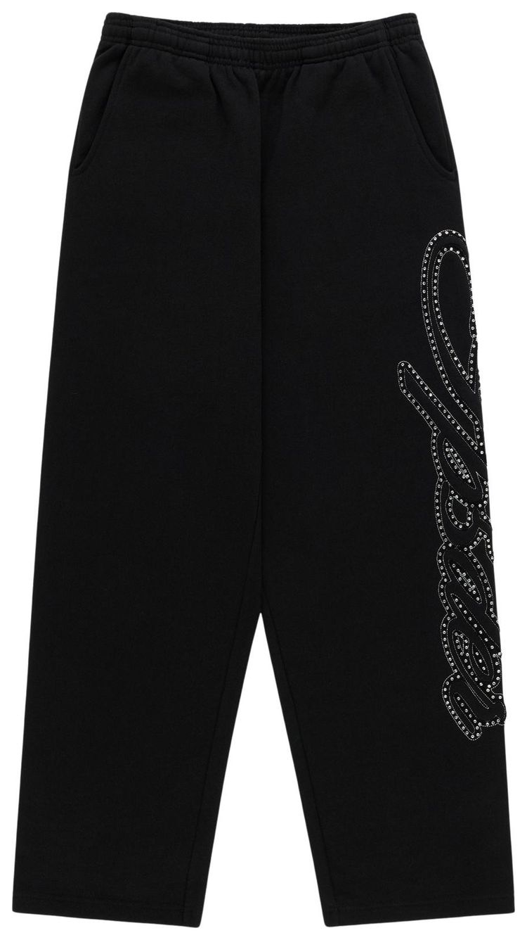 Sp5der Rhinestone Script Wide Leg Sweatpant Black
