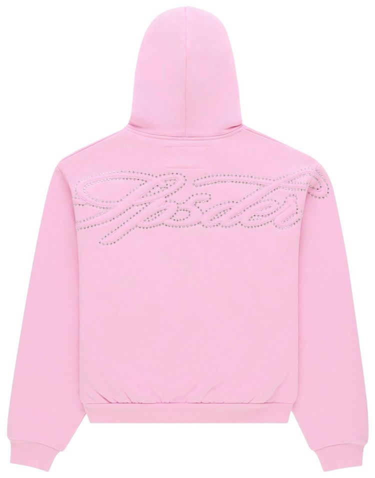 Sp5der Rhinestone Script Zip Hoodie Light Pink