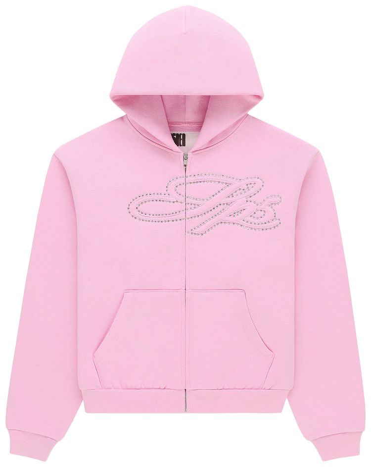 Sp5der Rhinestone Script Zip Hoodie Light Pink