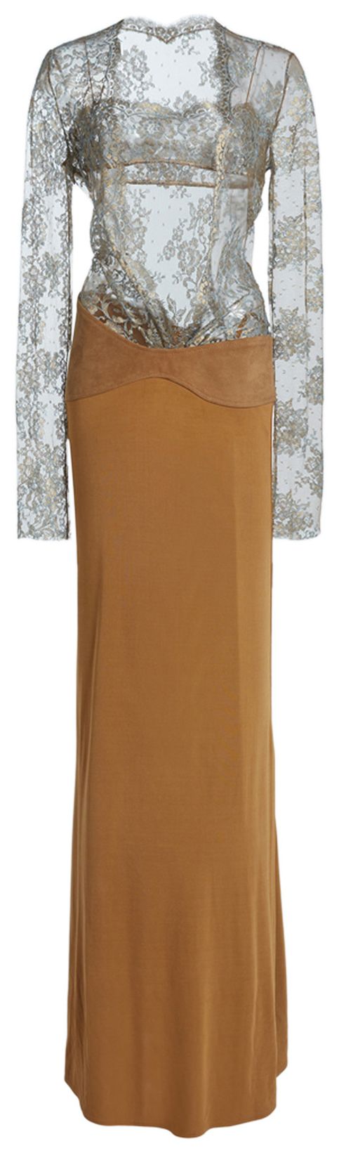 Christopher Esber Sepienne Lace Suede Belted Jersey Gown Metallic KhakiDeep Sand