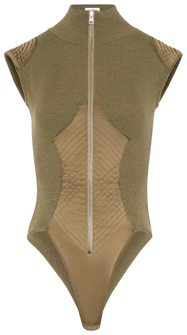 Jean Paul Gaultier Merino Wool RibSatin Cut Out Zipped Bodysuit Khaki