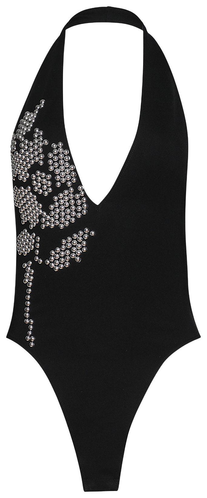 David Koma Metallic Flower Hotfix Detail Halter Neck Bodysuit BlackSilver