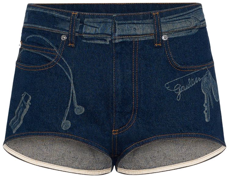 Jean Paul Gaultier Denim Mini Shorts With Trompe Loeil Print Vintage Blue