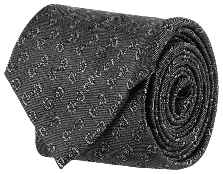 Gucci Horsebit Silk Jacquard Tie BlackDark Grey