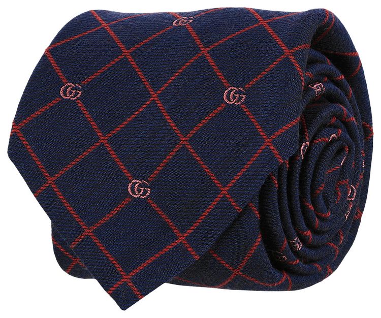 Gucci Double G And Check Silk Jacquard Tie BlueRed
