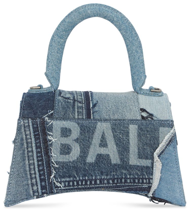 Balenciaga Hourglass Denim Patchwork Top Handle Bag Washed Blue