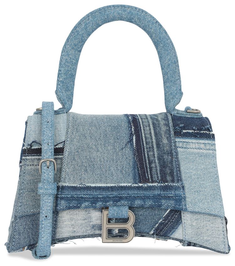 Balenciaga Hourglass Denim Patchwork Top Handle Bag Washed Blue