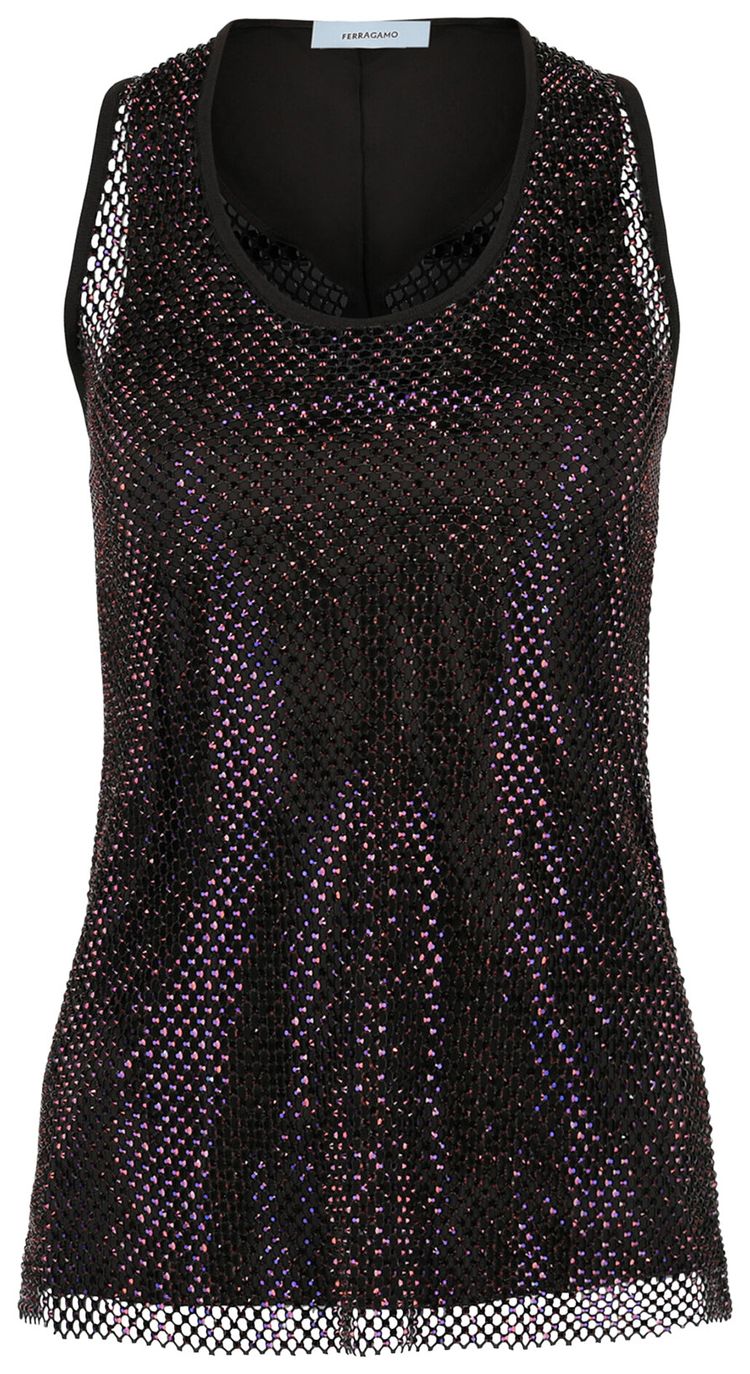 Ferragamo Crystal Embellished Mesh Tank Top Dark Brown