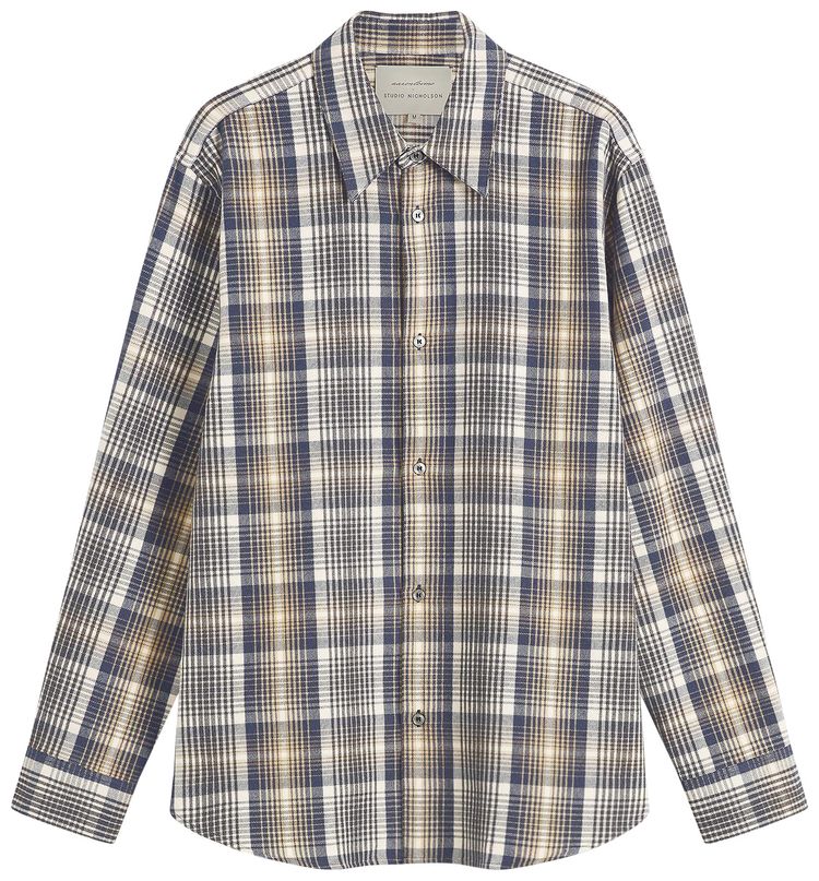 Studio Nicholson View Brushed Check Regular Fit Shirt NavyOatmeal