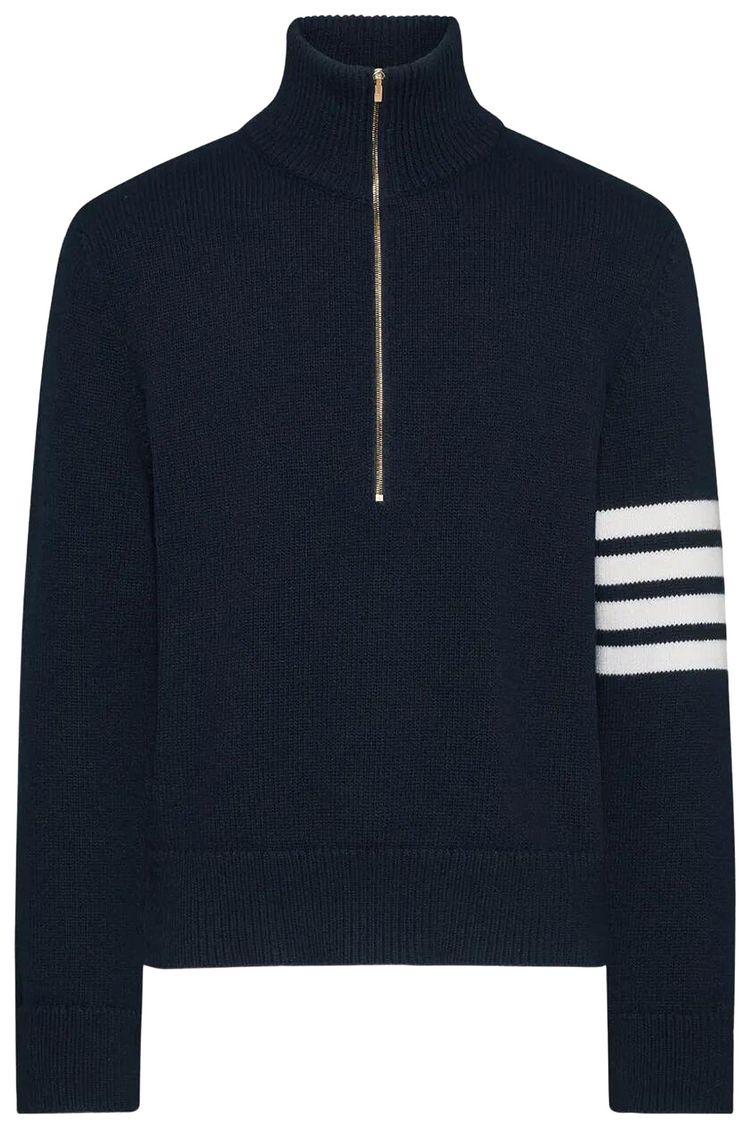 Thom Browne Jersey Stitch Funnel Neck Half Zip Pullover Navy