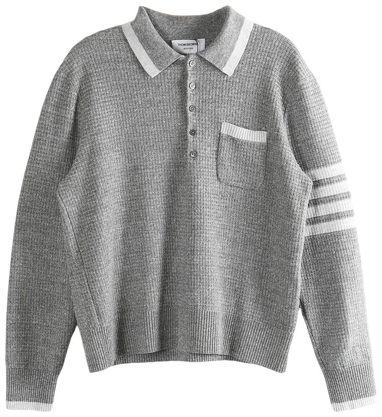 Thom Browne 4 Bar Stripe Relaxed Fit Long Sleeve Polo T Shirt Light Grey