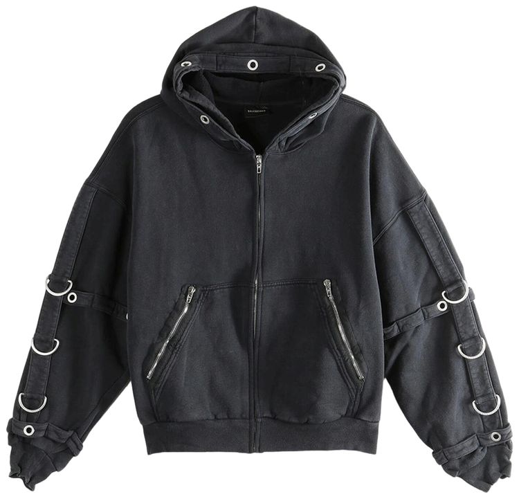 Balenciaga Cargo Zip Up Hoodie Faded Washed Black