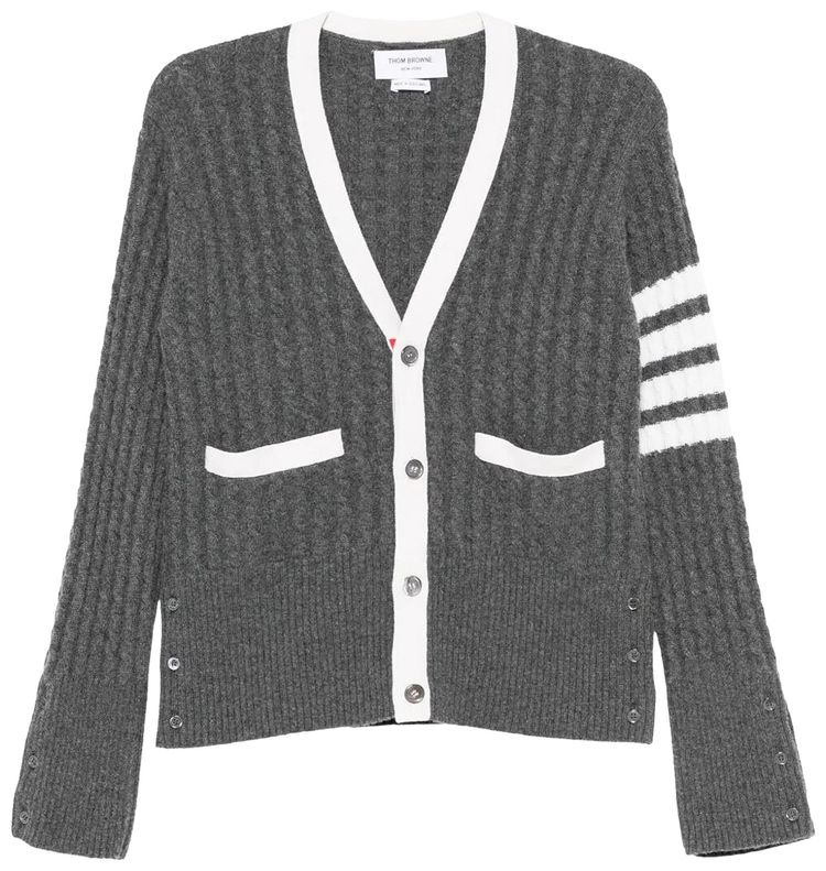 Thom Browne Cable Stitch Classic V Neck Cardigan Medium Grey