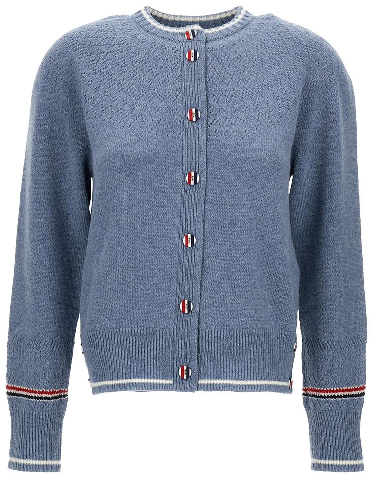 Thom Browne Pointelle Fair Isle Crew Neck Cardigan Deep Blue