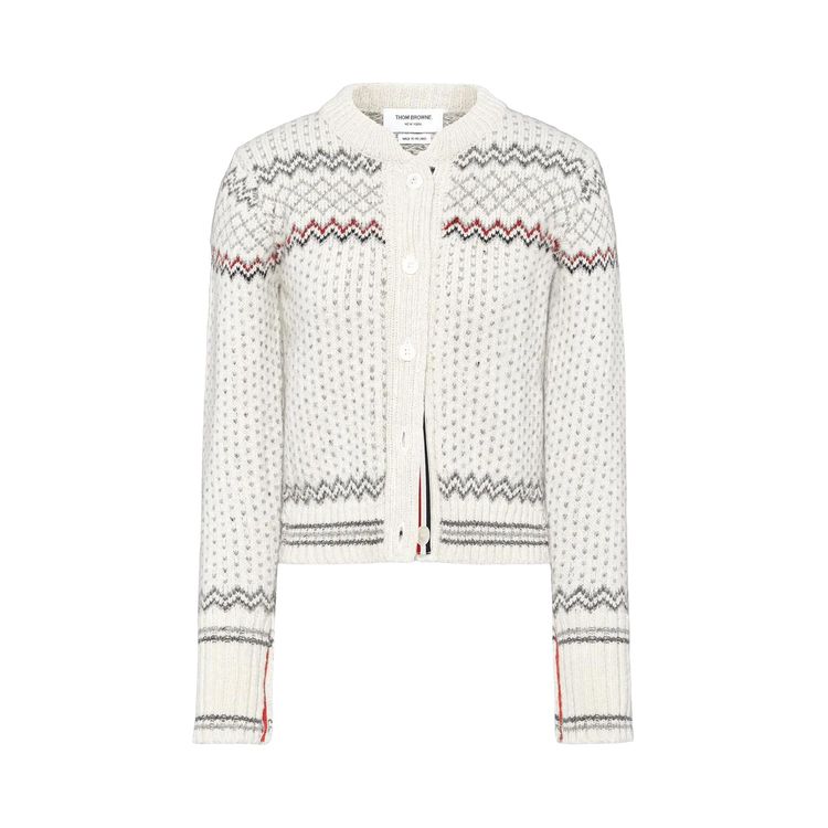 Thom Browne Fair Isle Jacquard Cropped Crew Neck Cardigan White