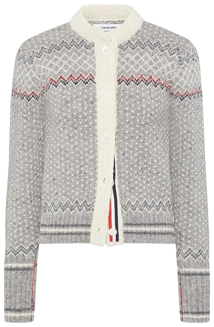 Thom Browne Fair Isle Jacquard Cropped Crew Neck Cardigan Light Grey