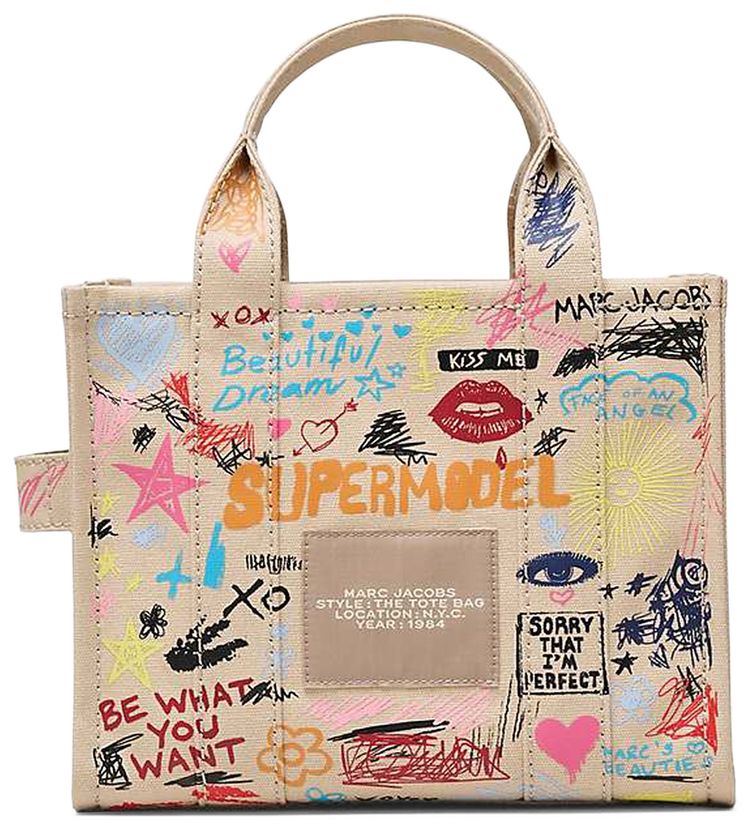 Marc Jacobs Punk Scribble Canvas Small Tote Bag BeigeMulticolor