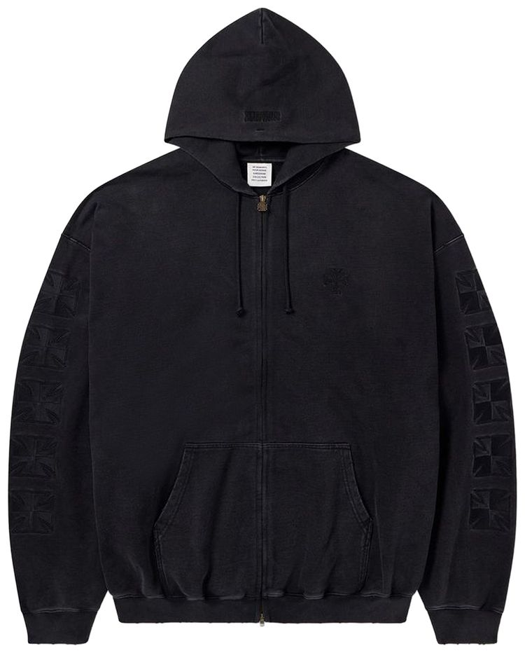 Vetements Embroidered Biker Cross Sleeve Zip Up Hoodie Black