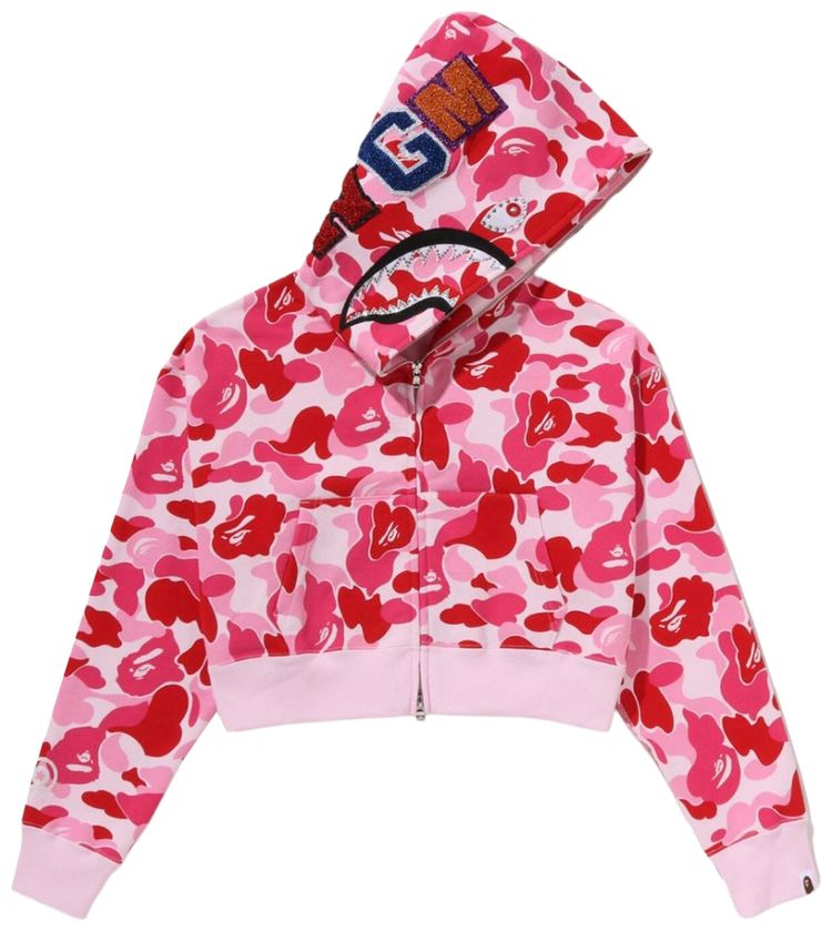 BAPE ABC Camo Crystal Stone Shark Cropped Full Zip Hoodie Pink