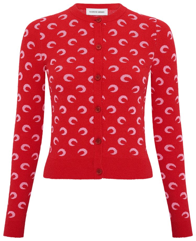 Marine Serre Moon Jacquard Bouclette Long Sleeve Cardigan RedPink