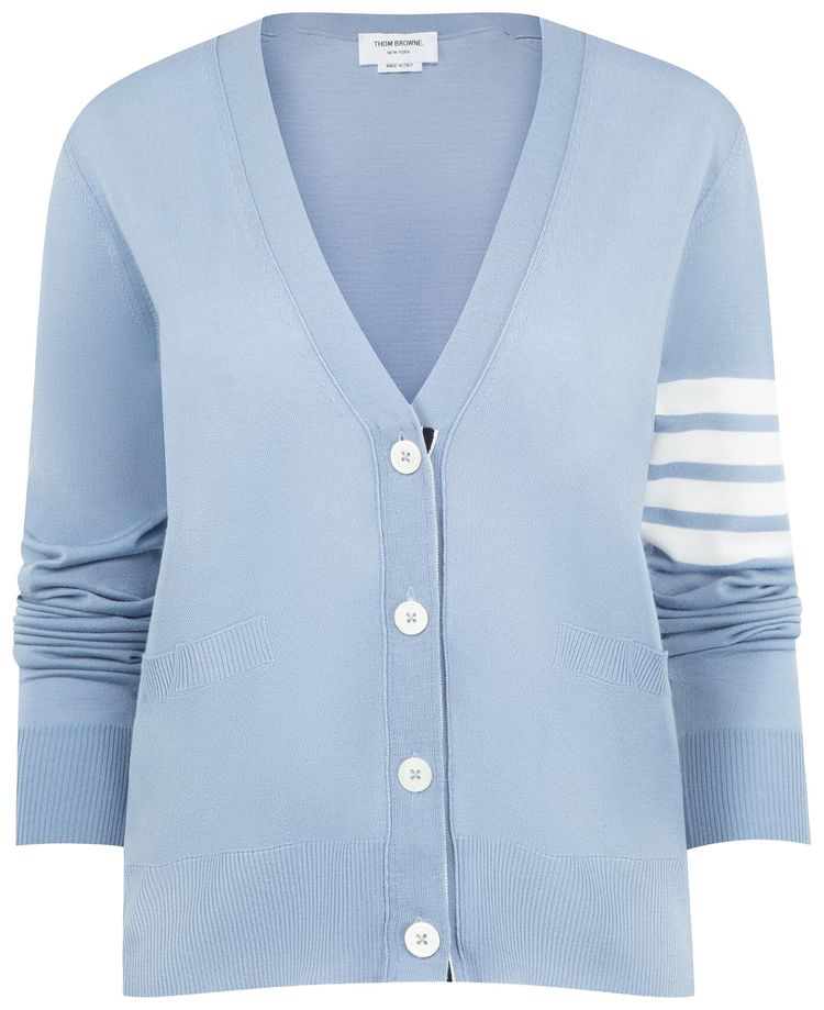 Thom Browne Merino Wool Relaxed Fit V Neck Cardigan Light Blue